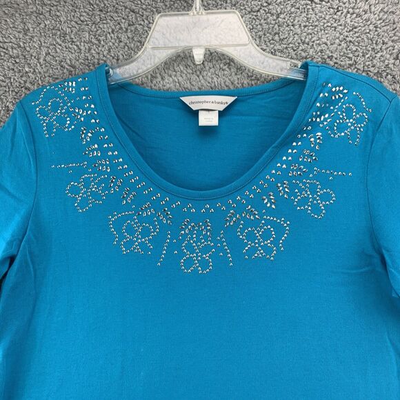 Christopher & Banks Women's Top Size Small Embellished Shirt Short Sleeve Blue - Picture 4 of 11